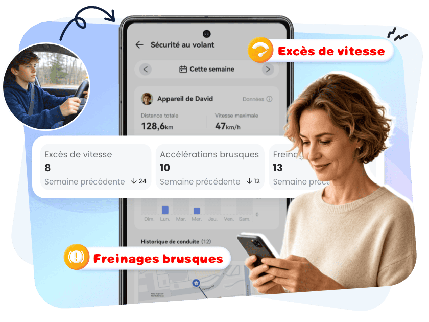 Parent vérifiant les détails et les alertes des trajets de conduite de l'adolescent