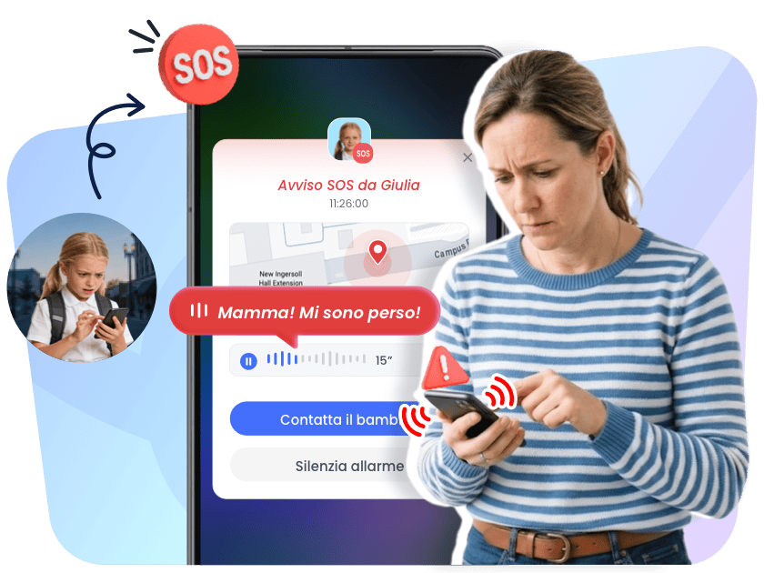 Un genitore riceve l'allarme SOS del figlio con la posizione in tempo reale e 15 secondi di audio in AirDroid Parental Control