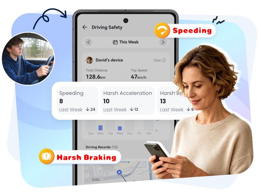 Parent reviewing teen driving trip details and alerts